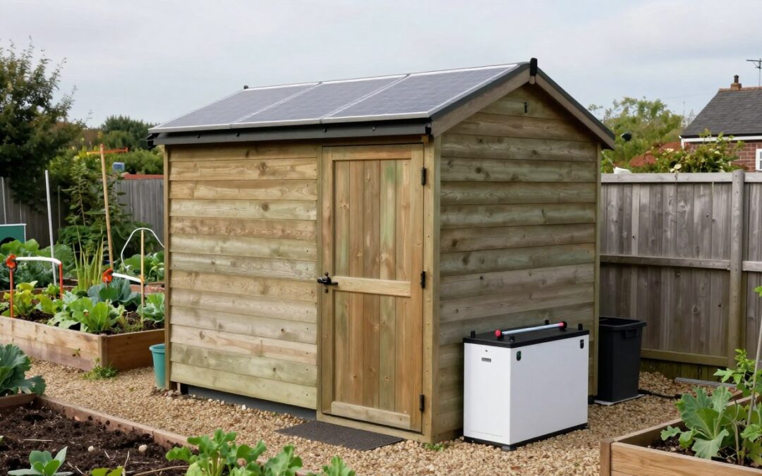 Allotment shed with a solar panel on the roof and a battery unit beside it in a British allotment