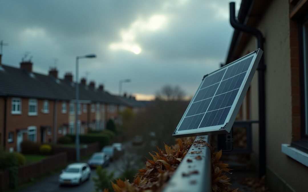 A plug-in solar panel on a balcony railing tilting in strong wind with storm clouds building over UK terraced houses