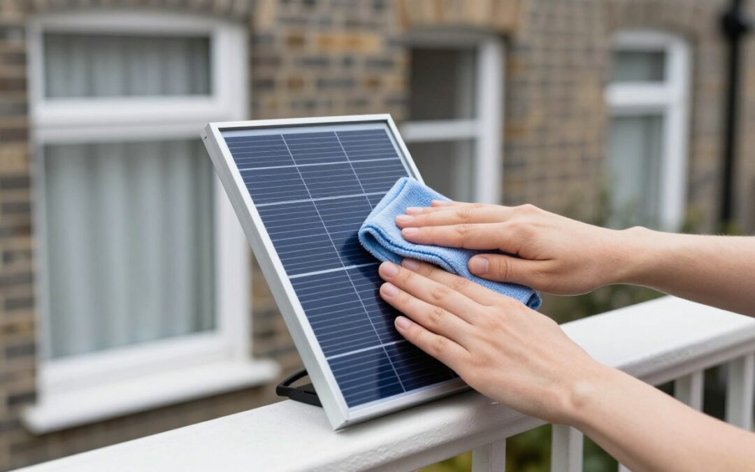 Hands wiping a small plug-in solar panel with a microfiber cloth on a UK balcony