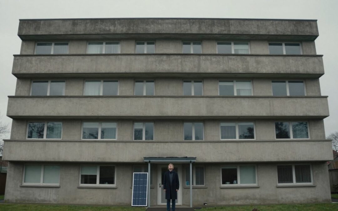 Person holding a small balcony solar panel looking up at a UK apartment block facade