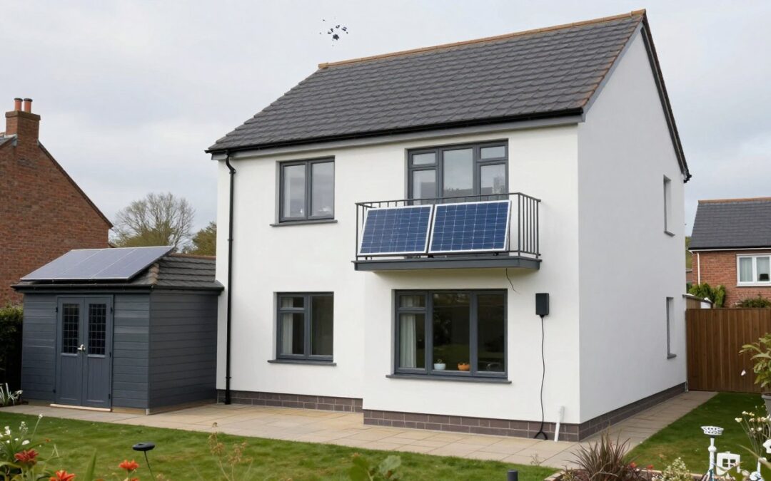 A large UK house with multiple small plug-in solar panels on a balcony, shed roof and windowsill